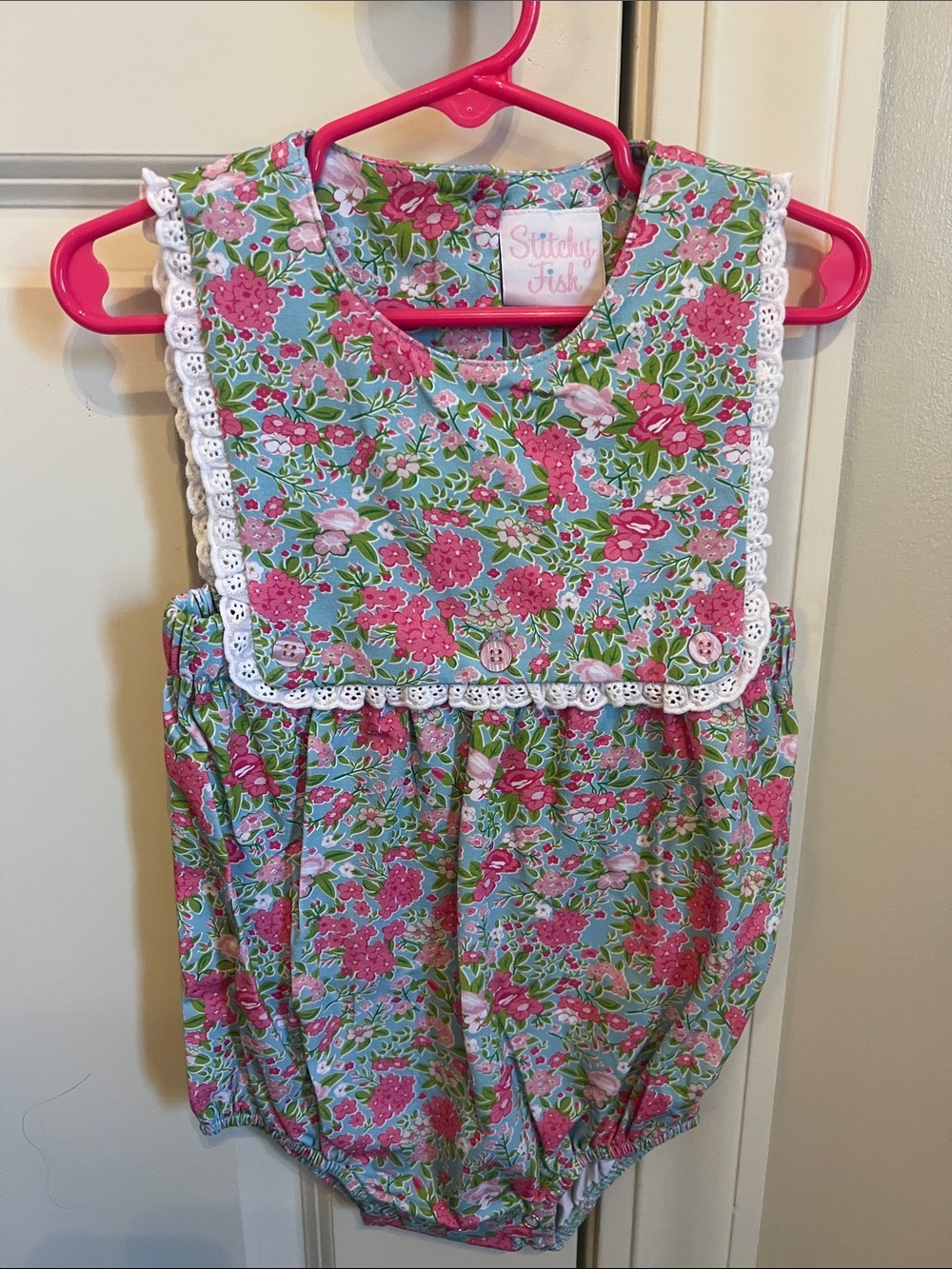 Stitchy Fish Pink Floral Bib-Front Baby One-Piece